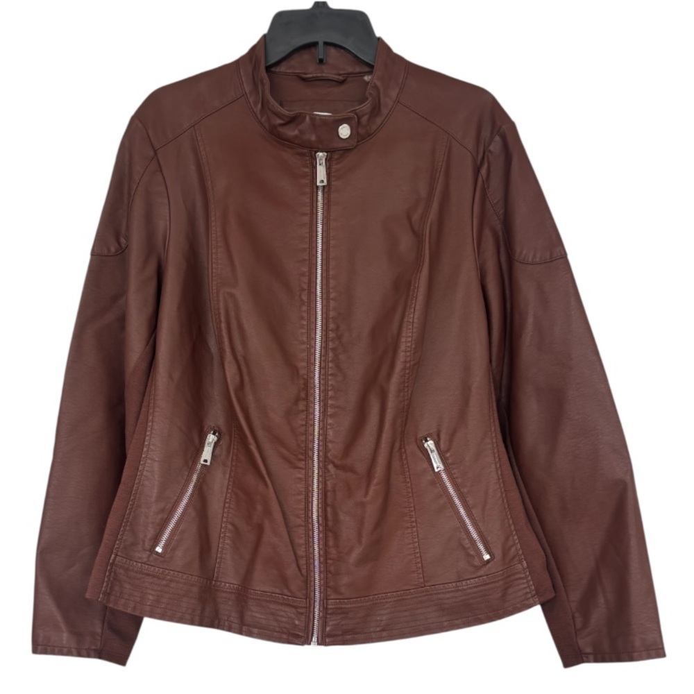 Calvin Klein Brown Leather Jacket Bomber Moto Bikercore Dress Coat Plus Size 1X - Picture 4 of 16